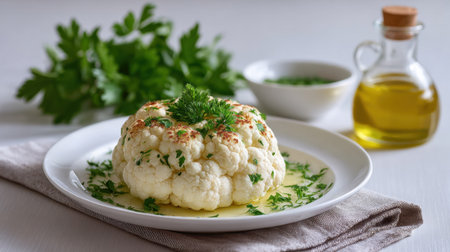 A beautifully roasted whole cauliflower served on a white plate, drizzled with olive oil and garnished with fresh green herbs for an appealing and healthy meal.の素材