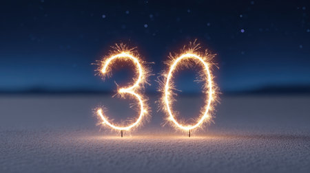 A captivating festive image featuring the number 30 created with sparkling fireworks against a serene night sky, symbolizing celebration and joy.の素材