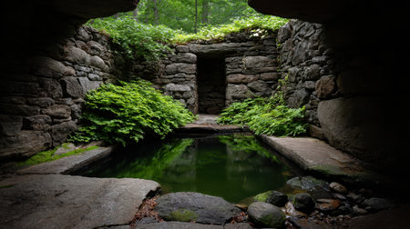 This captivating image features a tranquil stone structure encompassed by deep greenery and a reflective water pool, offering a peaceful retreat into nature.の素材