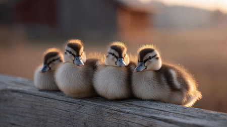 Four adorable baby ducks relax in a row on a rustic wooden fence during a peaceful sunrise, showcasing their soft feathers and charming expressions.の素材