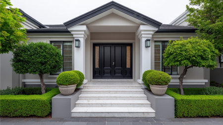 This exquisite photograph captures the entrance of a modern home, showcasing elegant architectural elements and lush greenery. The symmetrical design features a striking black front door, complemented by stone steps and manicured bushes. The tranquil atmosphere of the entrance invites admiration, making it an ideal representation of contemporary residential design.の素材
