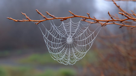 A captivating image of a spider web adorned with sparkling dew drops, suspended from a branch on a foggy morning, showcasing nature's intricate details.の素材