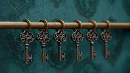 A collection of vintage metal keys suspended on a decorative rack, featuring intricate detailing against a rich teal wall, showcasing timeless charm.の素材