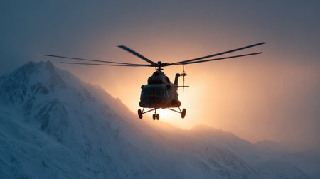 A helicopter gracefully flies over rugged snowy mountains, silhouetted against a vibrant sunset. The scene captures the essence of adventure and exploration in a stunning winter landscape.の素材