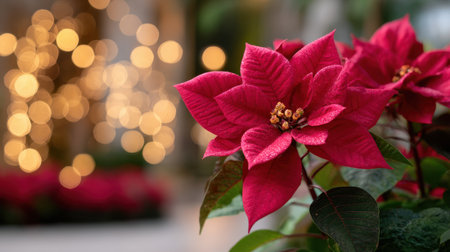 A beautiful close-up shot of a red poinsettia flower, showcasing its rich texture and vibrant colors against a softly blurred background of warm holiday lights.の素材