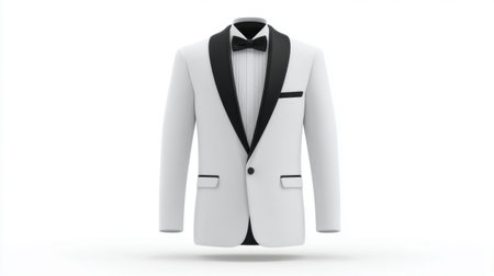 This elegant white tuxedo jacket features black lapels and a classic bowtie, ideal for formal events, weddings, and gala celebrations.の素材