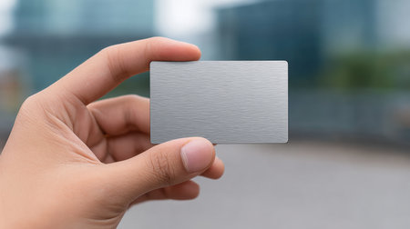 A person is holding a blank metallic card in a modern outdoor urban setting. The blurred background enhances the focus on the card, ideal for business identity mockups and promotional designs.の素材