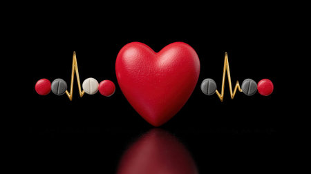 A vibrant red heart surrounded by a pulse line and medications symbolizes health and wellness, emphasizing the connection between emotion and physical care.の素材