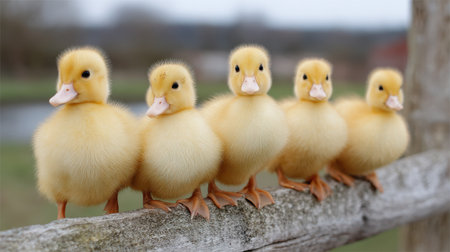 A charming group of yellow ducklings perched on a wooden fence, showcasing their fluffy feathers and cute expressions in a serene outdoor setting.の素材