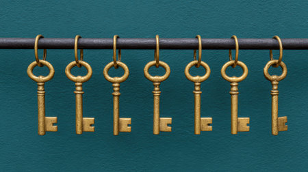 A captivating display of vintage metal keys hanging elegantly on a bar, showcasing their intricate design against a soothing green backdrop. Perfect for themes of security and unlocking potential.の素材