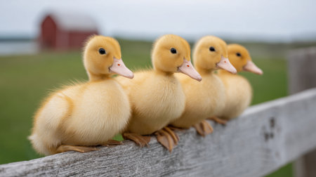 Four delightful yellow ducklings perched on a wooden fence create a charming scene in a serene farm environment, evoking feelings of joy and innocence.の素材