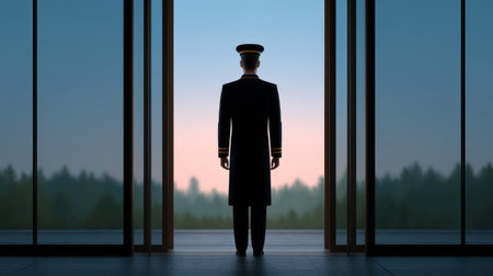A uniformed officer stands in silhouette, gazing at a serene landscape at dawn through elegant glass doors. This image captures a moment of reflection and tranquility.の素材