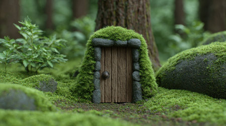 A captivating image of a tiny wooden door covered in lush moss, nestled among the rocks and greenery of a magical forest, inviting exploration and imagination.の素材