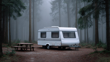 A peaceful caravan set in a misty forest, surrounded by towering trees and a cozy picnic table, offering a serene escape into nature's beauty.の素材