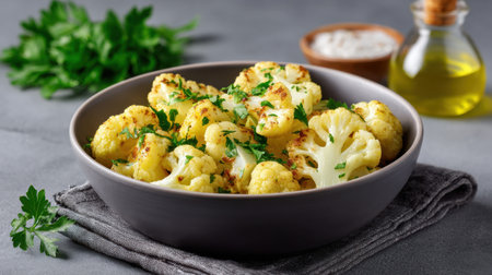 A vibrant bowl of roasted cauliflower, perfectly seasoned and garnished with fresh parsley, resting on a rustic table. Perfect for healthy eating.の素材