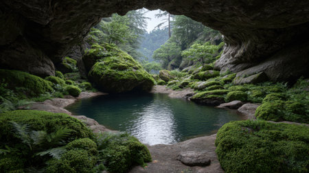 This enchanting image captures a serene cave entrance with a sparkling emerald pool, surrounded by vibrant moss and lush greenery, perfect for nature lovers.の素材