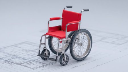 A vibrant miniature red wheelchair sits on a detailed architectural blueprint, symbolizing innovation and accessibility in modern design and healthcare solutions.の素材
