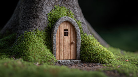 A delightful miniature wooden door embedded in a lush moss-covered tree trunk, evoking a sense of whimsy and mystery in nature's enchanting setting.の素材