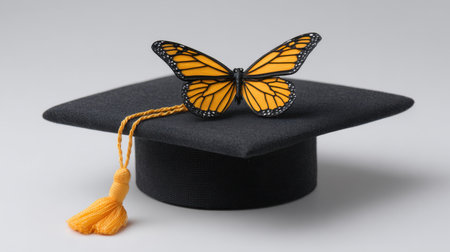 This artistic image features a stunning monarch butterfly perched elegantly on a graduation cap, symbolizing achievement and new beginnings. The black cap and vibrant yellow butterfly create a beautiful contrast, ideal for celebrating academic success.の素材