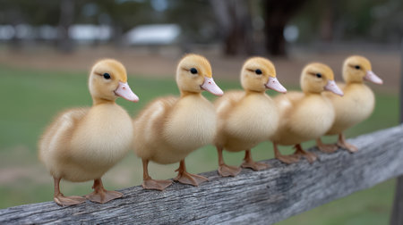 A charming scene of five baby ducks standing in a row on a wooden fence, showcasing their soft feathers and curious expressions in a serene natural setting.の素材