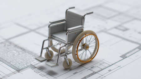 This image features a detailed model of a wheelchair resting on an architectural blueprint, symbolizing the intersection of design and accessibility in healthcare solutions.の素材