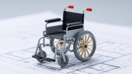 A detailed miniature model of a wheelchair placed on architectural blueprints, representing the importance of accessibility design in healthcare spaces.の素材