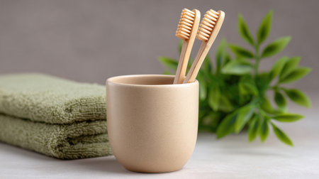 A serene bathroom scene featuring natural bamboo toothbrushes in a minimalist beige holder, complemented by soft green towels and fresh leaves. Perfect for promoting eco-friendly hygiene.の素材