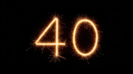 This striking image features the number 40 created with sparkling fireworks against a dark background, perfect for celebrating milestones, birthdays, or anniversaries.の素材