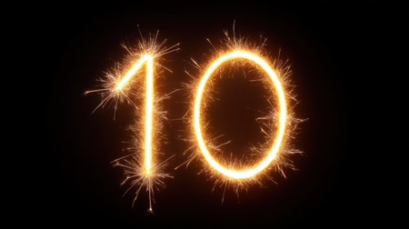 This stunning image showcases the number ten illuminated by a dazzling sparkler effect, set against a pitch-black background. Perfect for celebrations.の素材