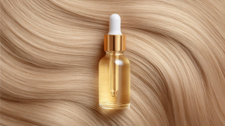 A stylish hair oil dropper bottle is positioned elegantly on a background of soft, luxurious blonde wavy hair, highlighting beauty and nourishment.の素材