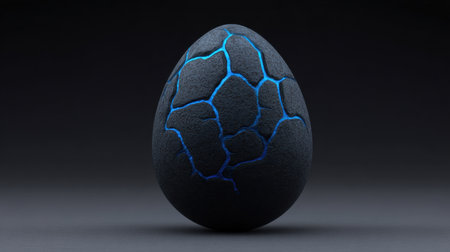 This captivating image depicts a dark cracked egg highlighted with vibrant blue lines, creating a striking contrast against a black background. Perfect for artistic and conceptual designs.の素材