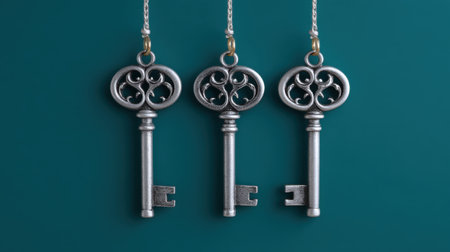 This image features three vintage silver keys on chains, elegantly displayed against a teal background. Ideal for representing themes of security and access in design projects.の素材