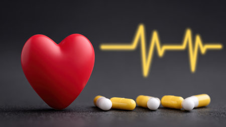 This image depicts a vibrant red heart symbol beside yellow capsules and a heartbeat line. It represents health, wellness, and medical care concepts.の素材