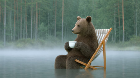 A charming brown bear sits thoughtfully in a wooden chair by a quiet lake, holding a cup. The serene forest surrounding and morning fog create a peaceful atmosphere.の素材