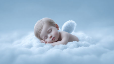 This enchanting image features a sweet baby peacefully sleeping on fluffy clouds, adorned with delicate angel wings, embodying innocence and tranquility.の素材
