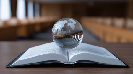A mesmerizing open book supports a transparent globe reflecting a serene world view, capturing the essence of knowledge and discovery in a cozy indoor space.の素材