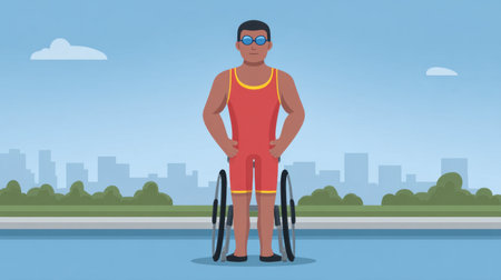This illustration depicts a confident athlete in a wheelchair standing by a poolside on a sunny day, showcasing determination and empowerment in sports.の素材