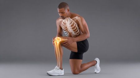 This striking image presents a kneeling male figure with an anatomical overlay, highlighting the skeletal and muscular systems. Ideal for health and fitness themes.の素材