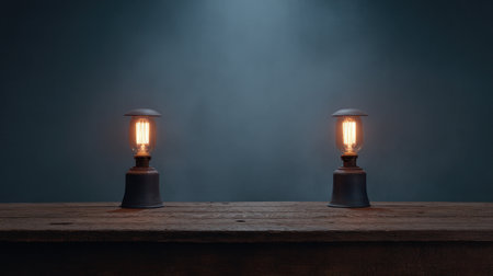 Two vintage-style lanterns stand on a rustic wooden table, glowing warmly against a soft blue misty background, creating a serene atmosphere ideal for cozy settings.の素材