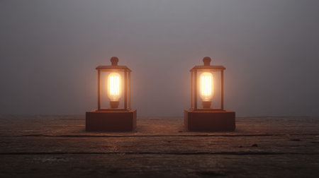 Two vintage-style lanterns emit a warm glow on a wooden table, surrounded by a mysterious fog, creating a tranquil and serene atmosphere at dusk.の素材