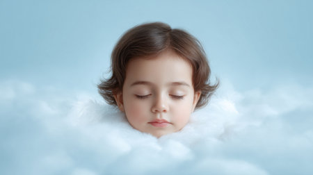 A serene child rests gently on soft, fluffy clouds, exuding an aura of tranquility and innocence. The gentle blue background enhances the dreamy atmosphere, perfect for capturing the essence of childhood peace and imagination.の素材