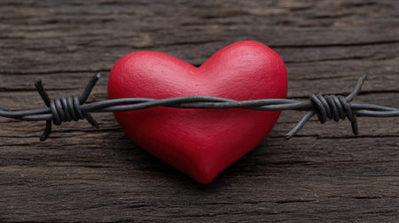 This striking image features a red heart entwined with barbed wire on an aged wooden backdrop, symbolizing the complex relationship between love and pain.の素材