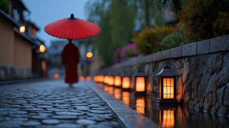 A tranquil evening scene in Kyoto features a figure with a red umbrella walking along a lantern-lit path beside a serene waterway, evoking peace.の素材