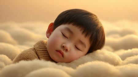 A serene image of a child peacefully asleep on soft clouds, enveloped in a warm, dreamy atmosphere, evoking feelings of tranquility and comfort.の素材