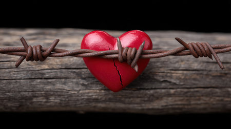 This striking image features a vivid red heart caught between barbed wire on a rustic wooden beam, symbolizing the complex dynamics of love and pain.の素材
