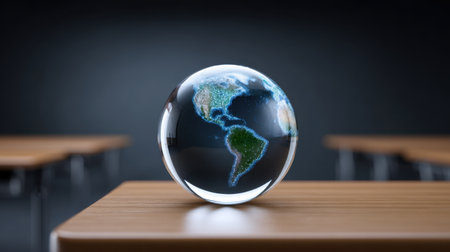 A glass globe featuring a detailed representation of Earth sits on a wooden table in a dimly lit classroom, symbolizing education and exploration.の素材