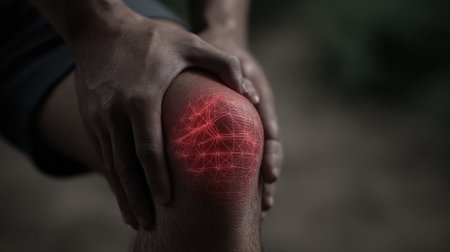 A person is depicted holding their knee in distress, symbolizing joint pain and discomfort. The image features a dynamic graphic overlay indicating nerve pathways related to the pain.の素材