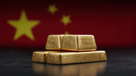 Three gleaming gold bars displayed against a backdrop of the Chinese flag, illustrating themes of wealth, trade relations, and global finance dynamics.の素材