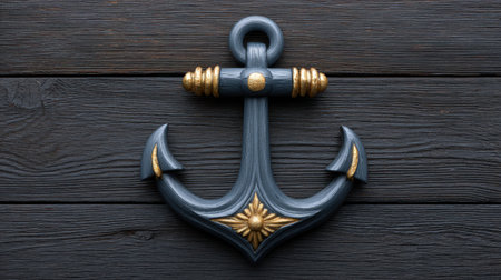 This elegant decorative anchor sculpture features rich gray hues and stunning gold accents, perfect for adding a nautical theme to any space.の素材