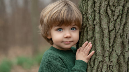 A charming young boy with expressive blue eyes stands next to a tree, showcasing a joyful personality in a serene natural setting, perfect for childrenの素材